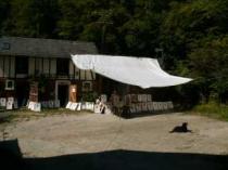 Plakate auf dem Hof zum trocknen